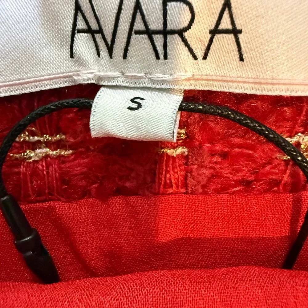 Avara Red Tweed Mini Skirt Womens Small Plaid Metallic Gold Textured A-Line Zip